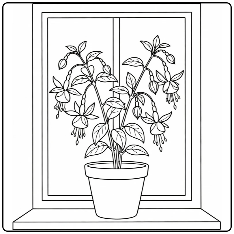 Fuchsia coloring page showing a plant on a windowsill