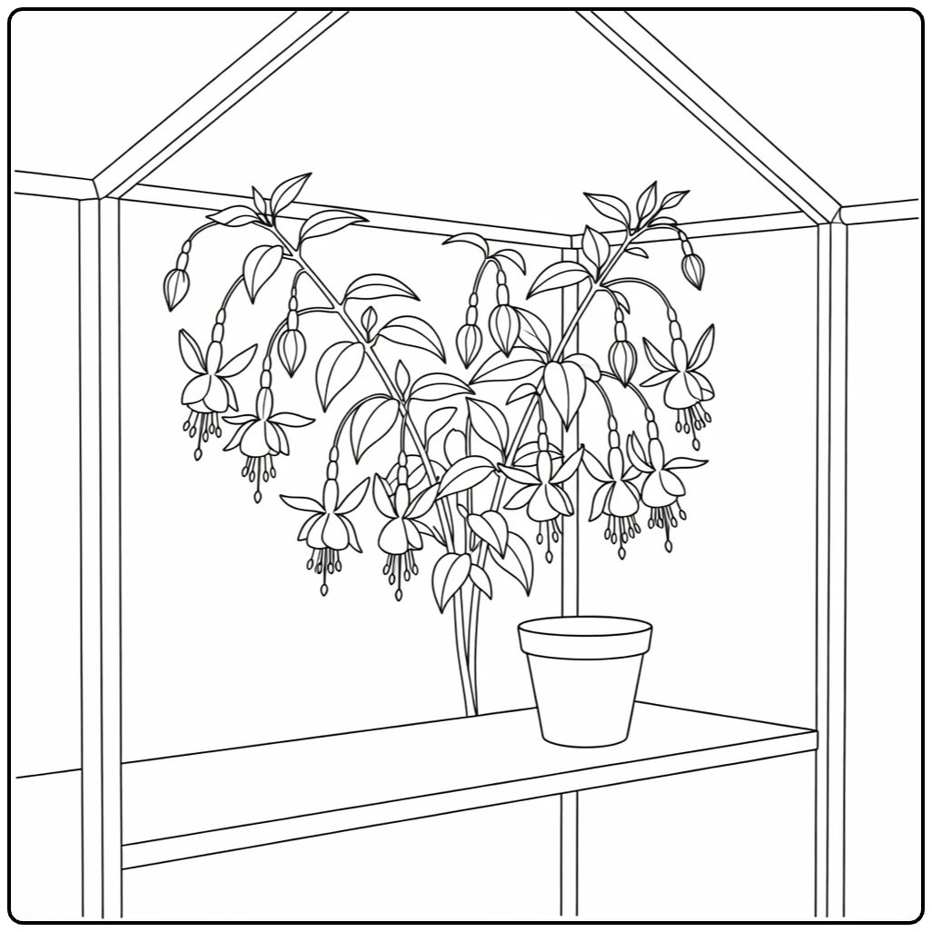 Fuchsia coloring page featuring a greenhouse plant with hanging blooms