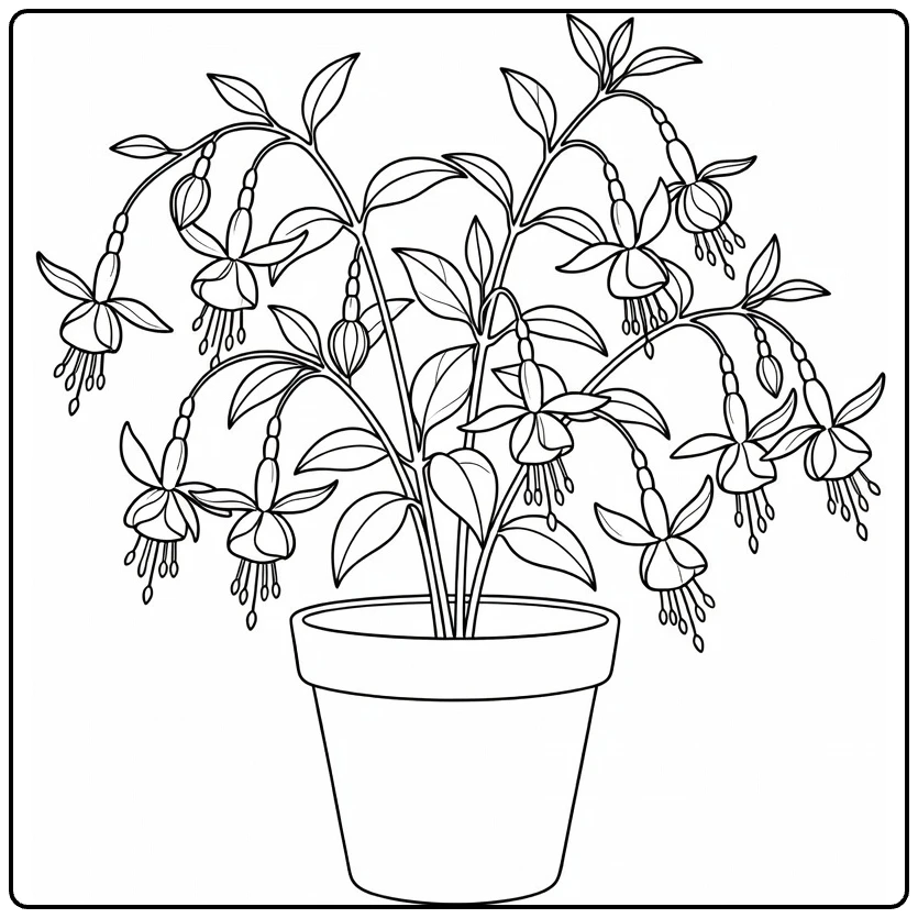 Fuchsia coloring page showing a potted plant with hanging blooms