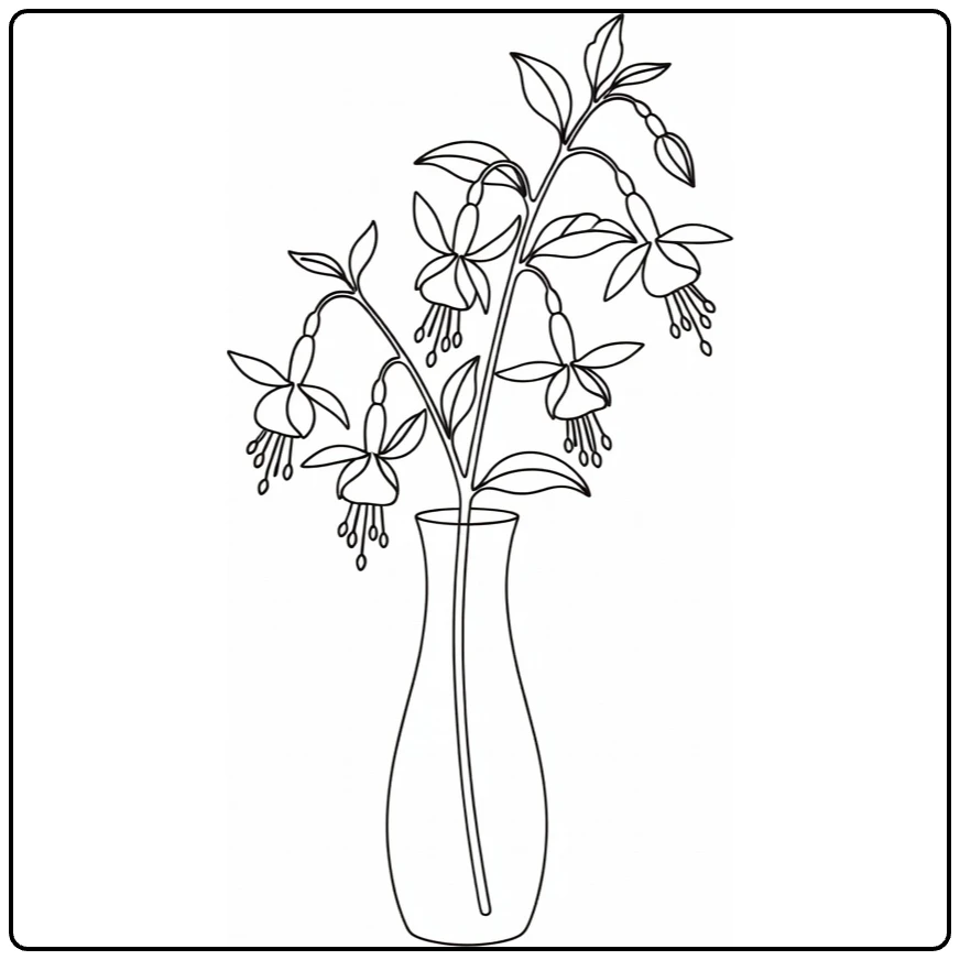 Fuchsia coloring page showing a branch in a narrow vase