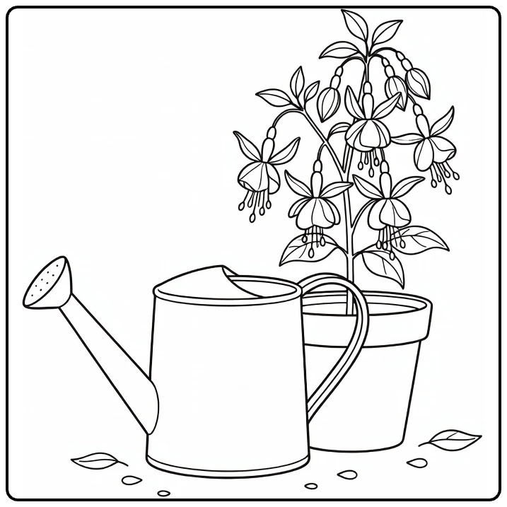 Fuchsia coloring page featuring a watering can beside a potted plant