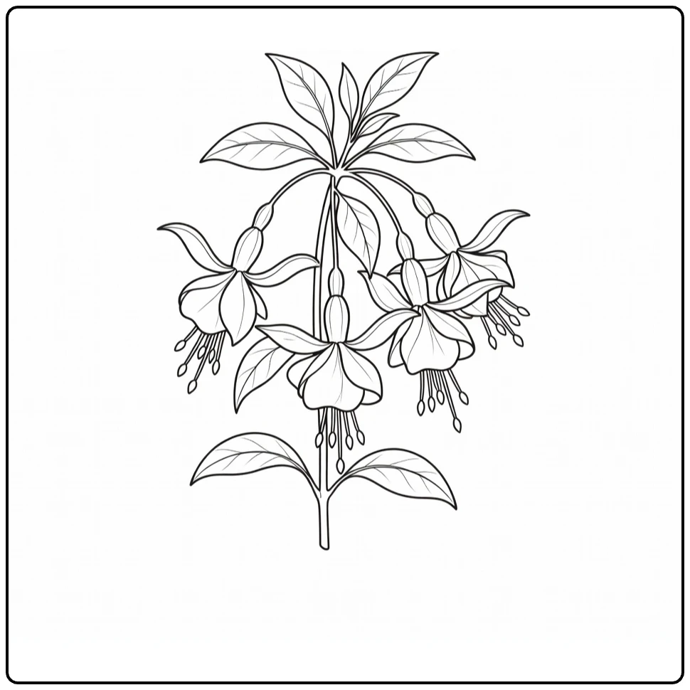 Fuchsia coloring page showing a cluster of hanging blossoms
