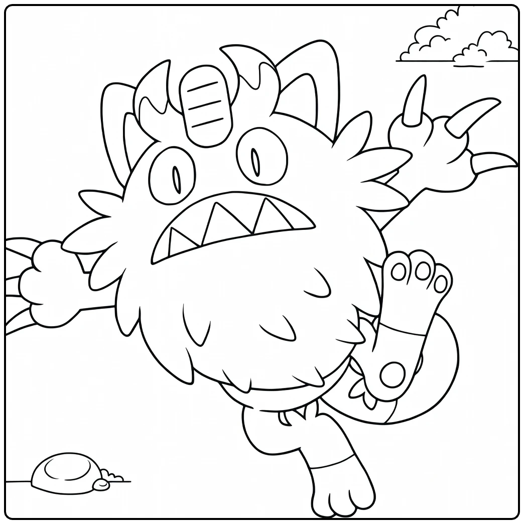 Galarian Meowth in Fierce Attack Pose coloring page