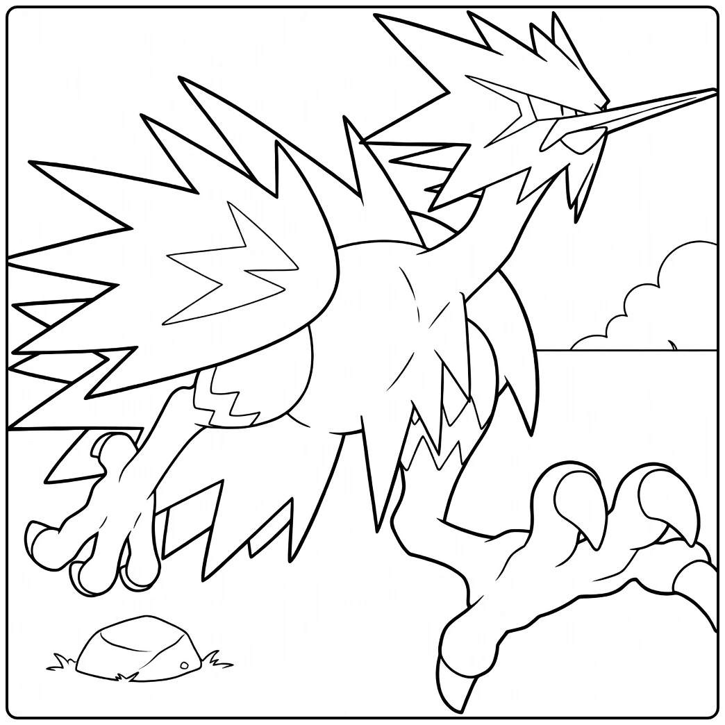 Galarian Zapdos in Action Pose with Clouds coloring page