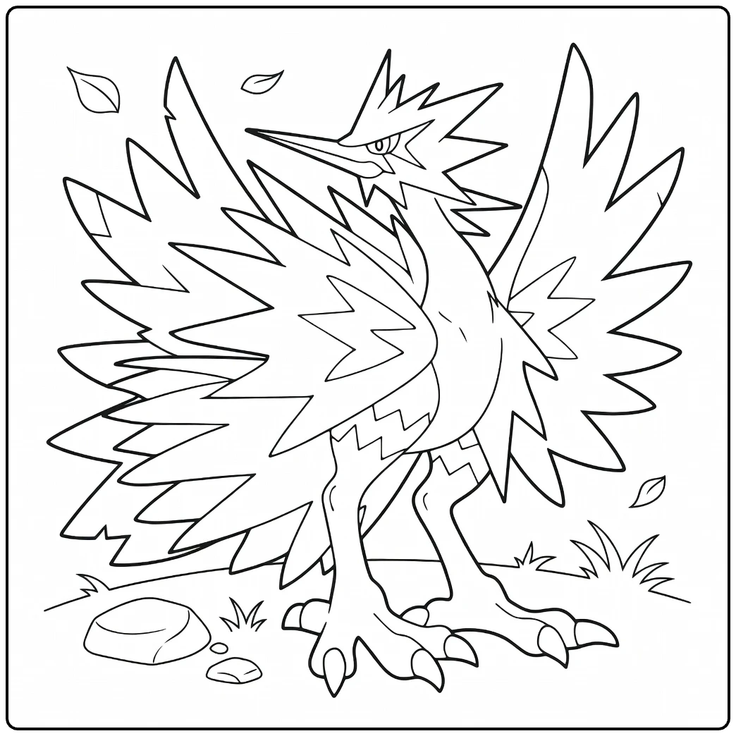 Galarian Zapdos in Dynamic Pose on Rocks coloring page