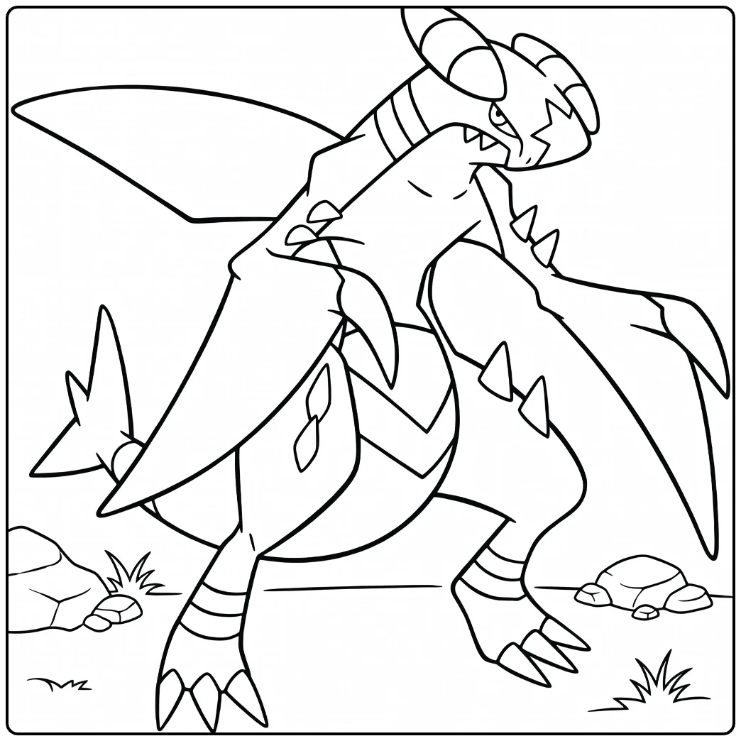 Garchomp in Dynamic Pose on Rocks coloring page