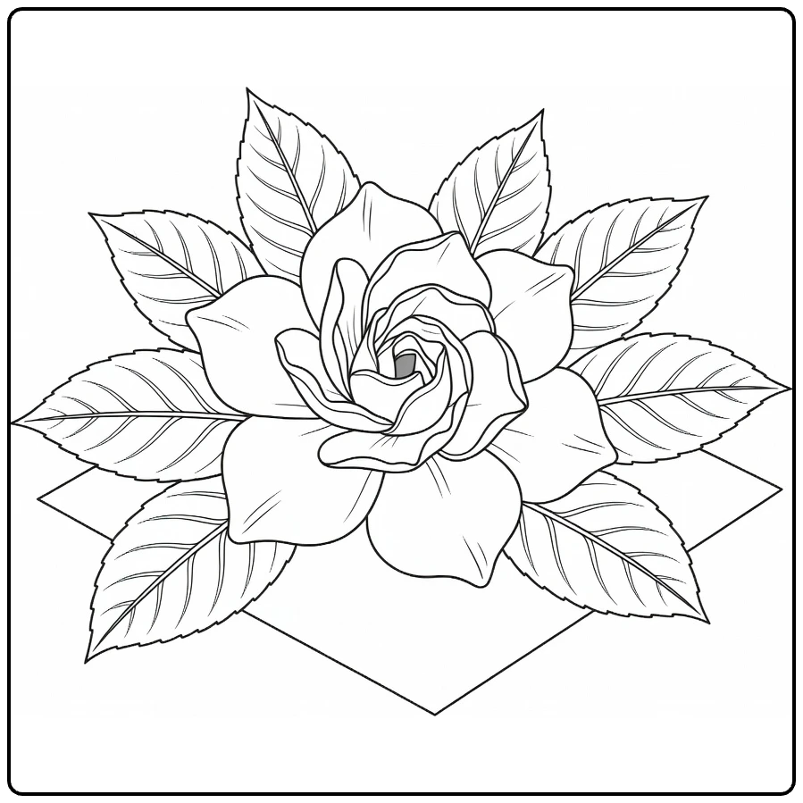 Gardenia coloring page with a layered flower on a greeting card
