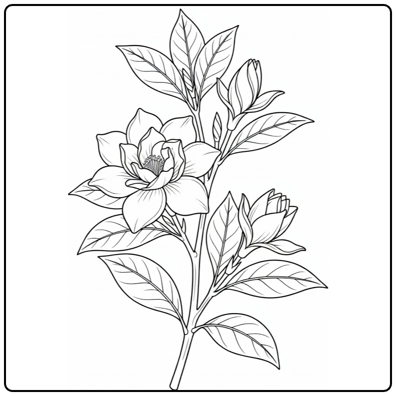 Botanical gardenia coloring page showing a flower, buds, and leaves