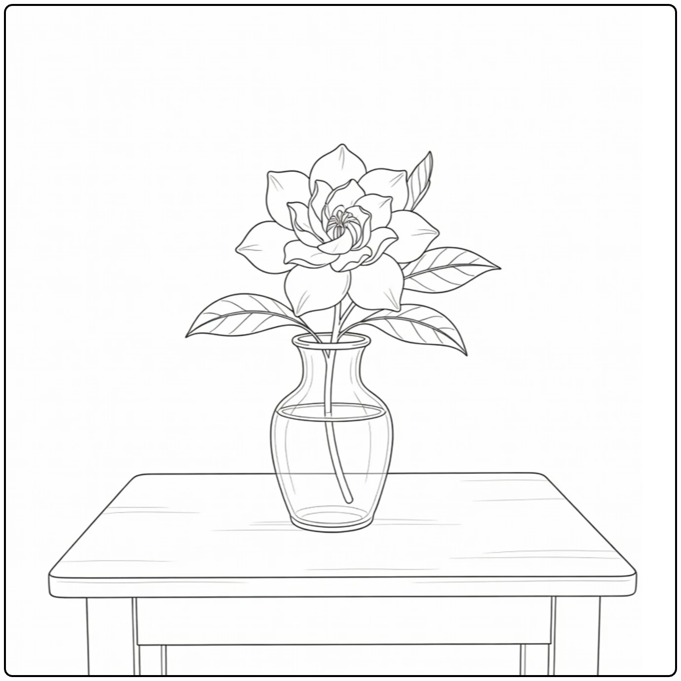 Gardenia coloring page showing a flower arranged in a glass vase