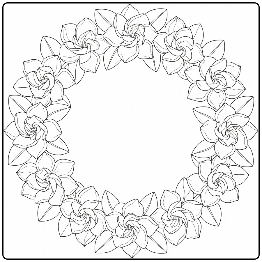 Decorative gardenia coloring page featuring a floral circle