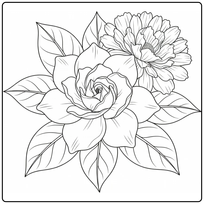 Floral coloring page featuring gardenia and peony blossoms with leaves