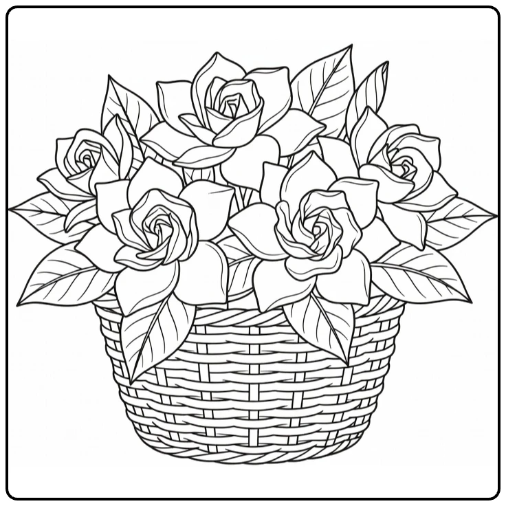 Gardenia coloring page showing a basket full of blooms