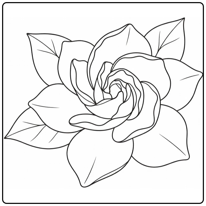 Close-up gardenia coloring page with spiral petals and leaves