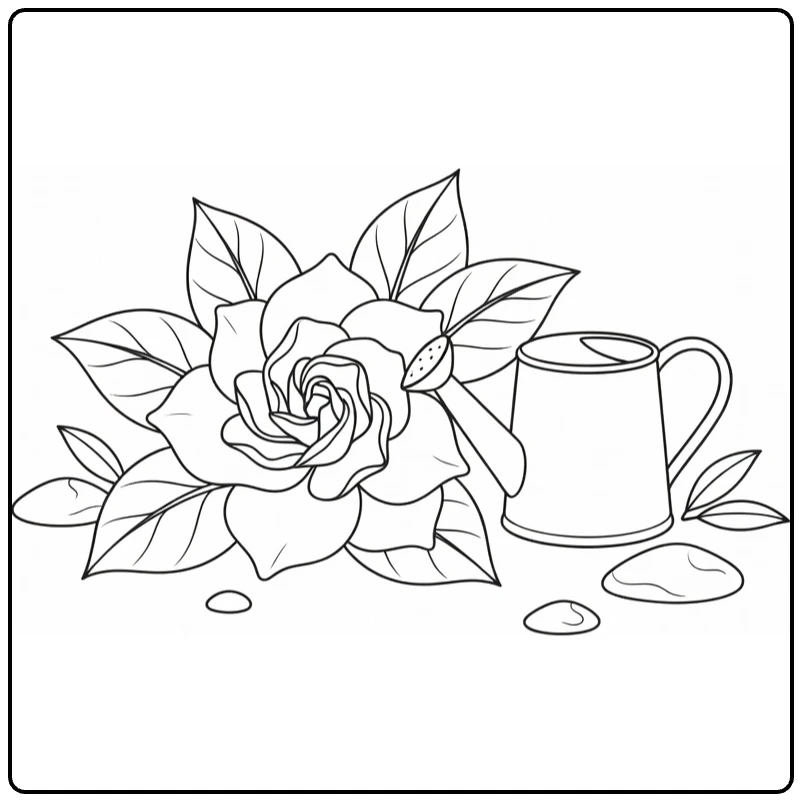 Gardenia coloring page featuring a flower beside a watering can