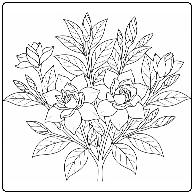 Gardenia coloring page showing a shrub with blossoms and buds