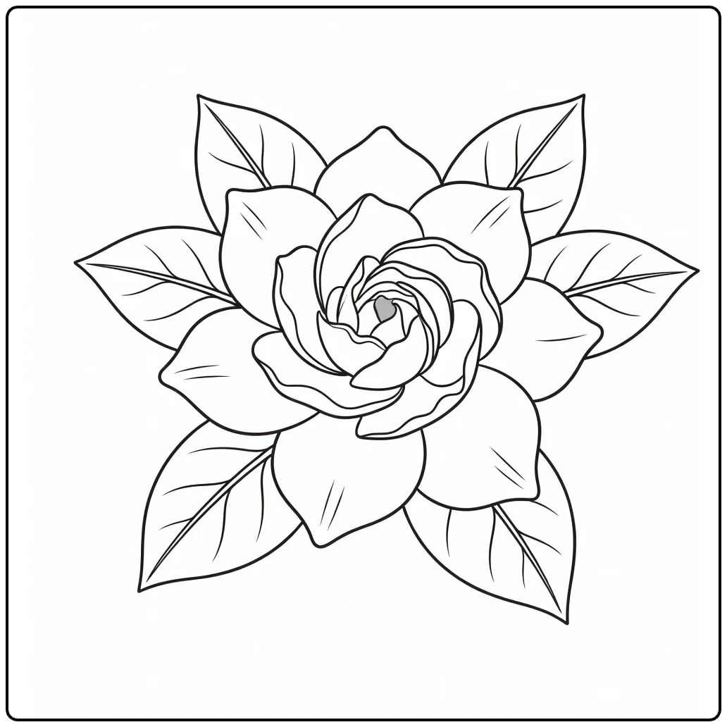 Gardenia coloring page featuring a full layered bloom and oval leaves