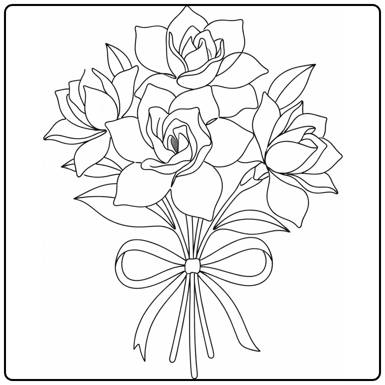 Gardenia coloring page showing a three-flower bouquet tied with ribbon