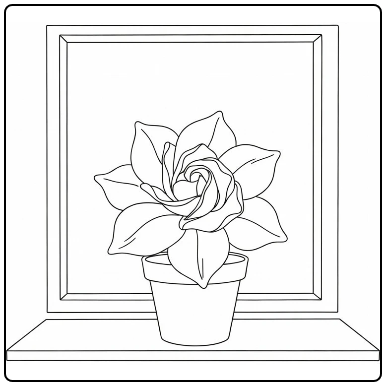 Gardenia coloring page featuring a flowerpot by a window