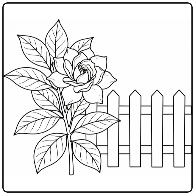 Gardenia coloring page featuring a bloom beside a garden fence