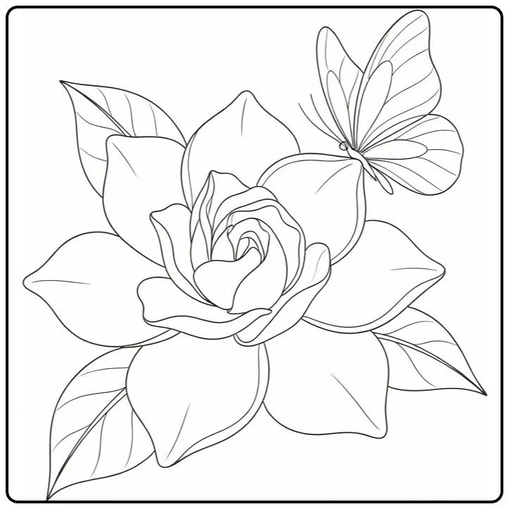Gardenia coloring page with a butterfly resting on the flower