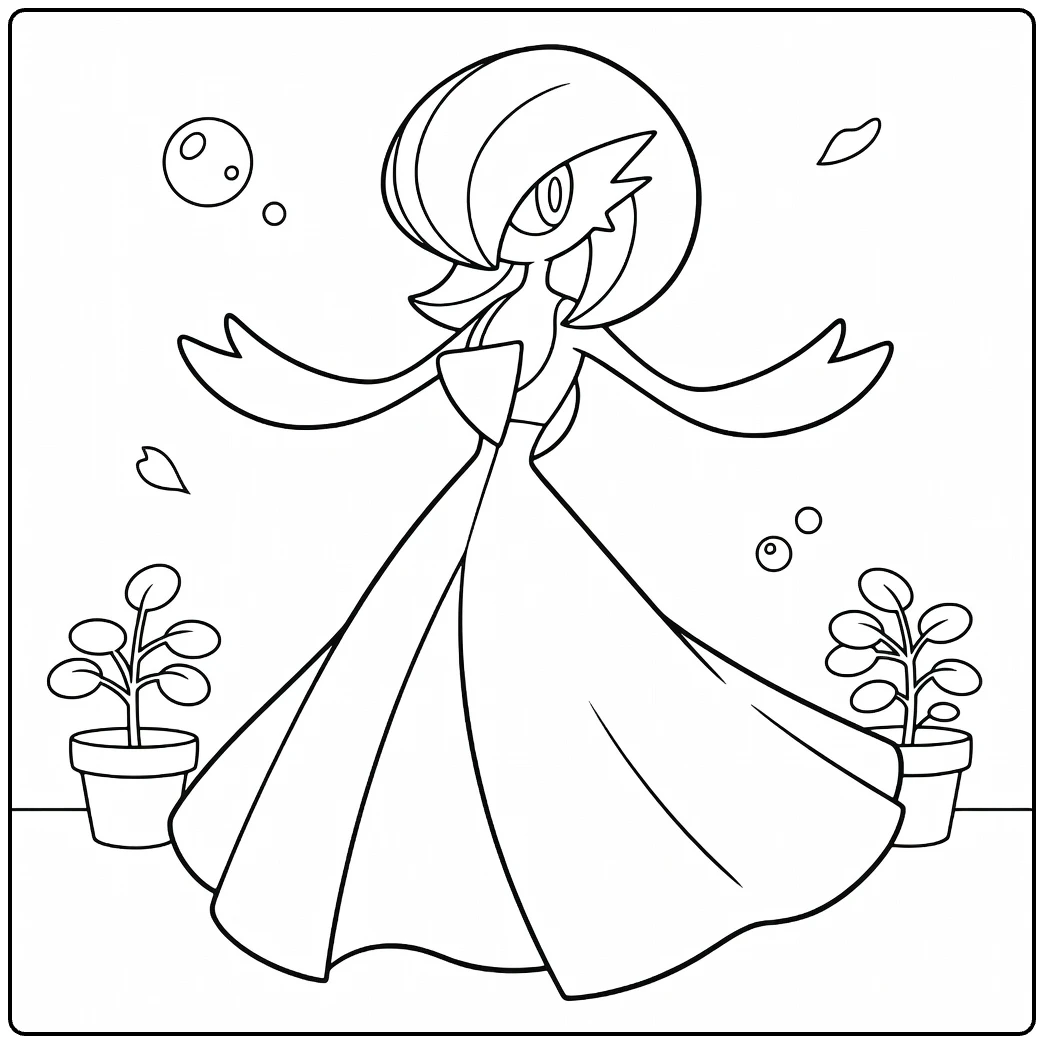 Gardevoir Plants and Floating Bubbles coloring page