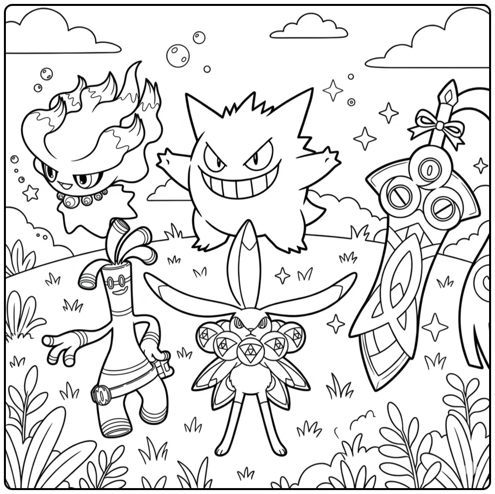 Ghost Pokemon coloring page with spooky Halloween details