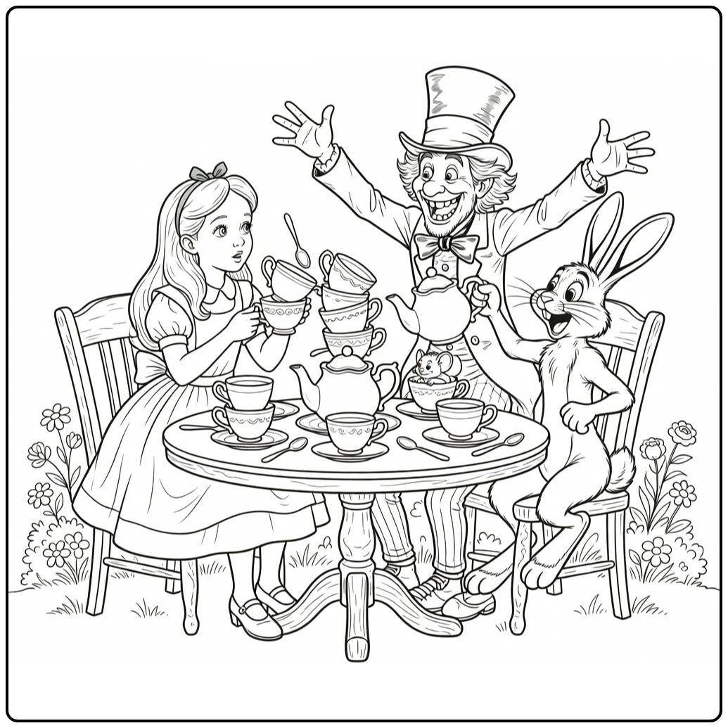 Alice in Wonderland coloring page with a mad tea party scene