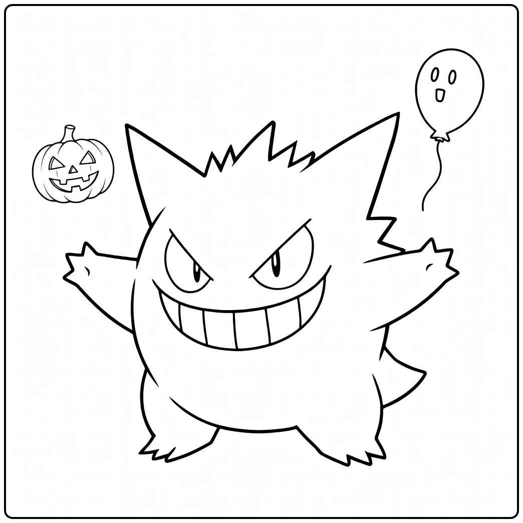 Gengar Spooky Halloween with Pumpkin Balloon coloring page