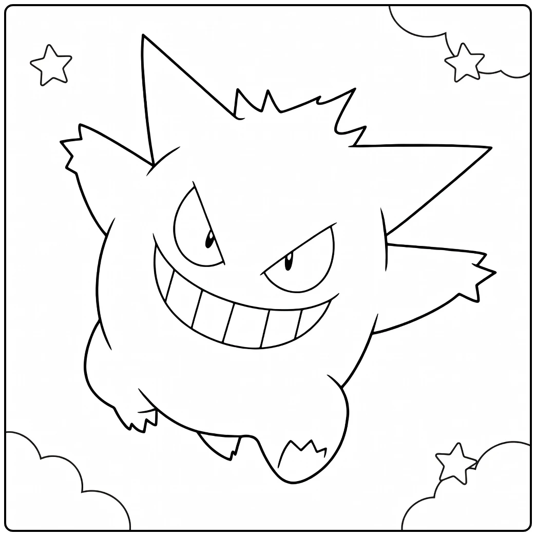 Gengar Floating Among Clouds and Stars coloring page