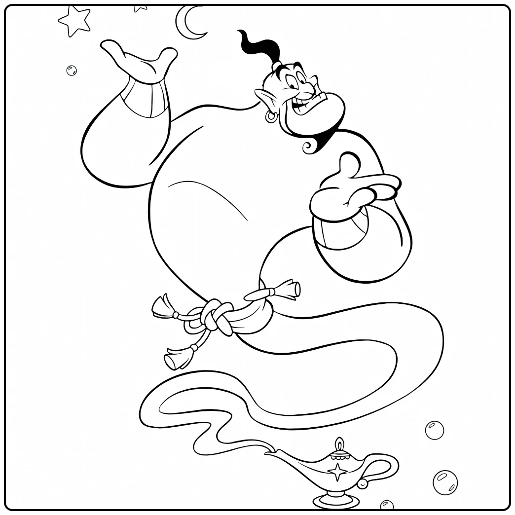 Genie Flying Djinn with Raised Arm and Lamp coloring page
