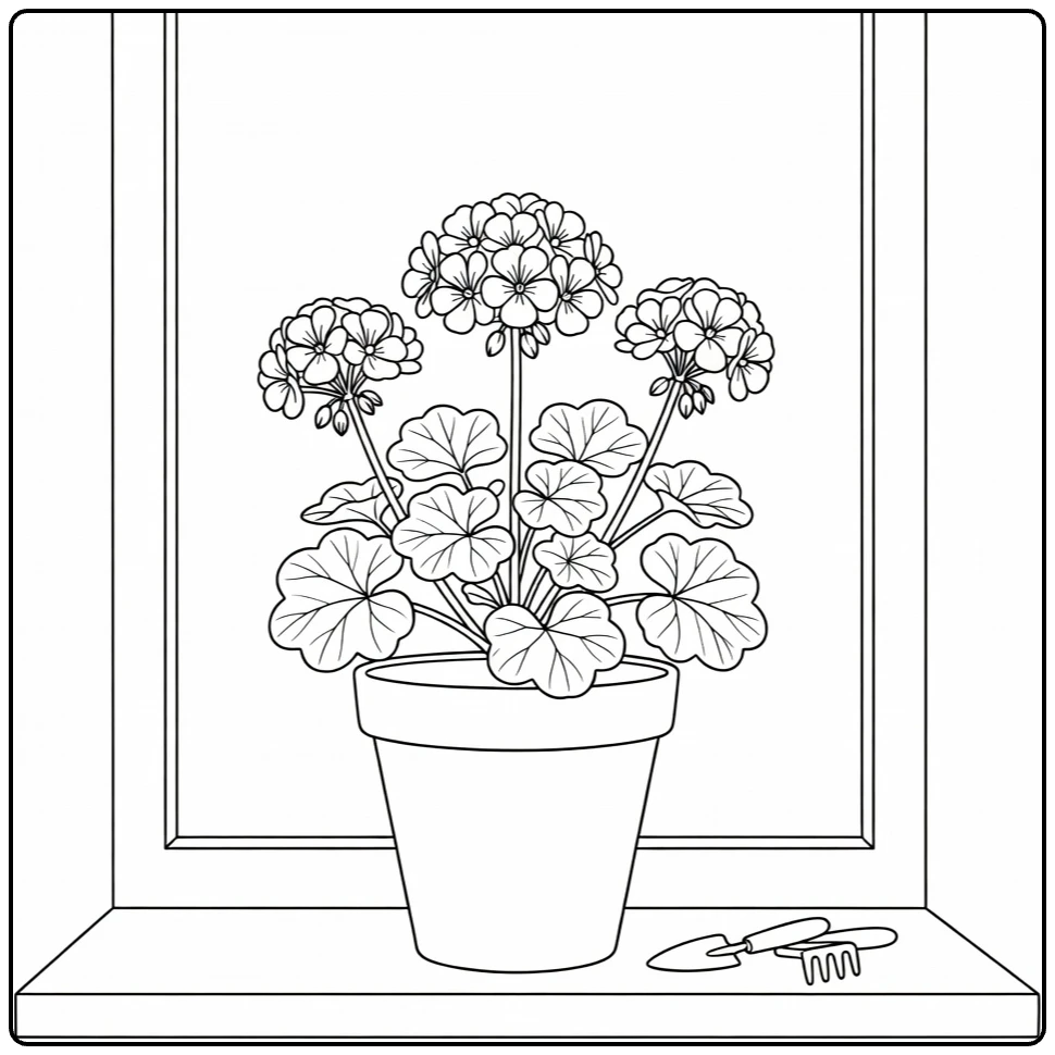 Geranium coloring page showing a potted plant on a windowsill