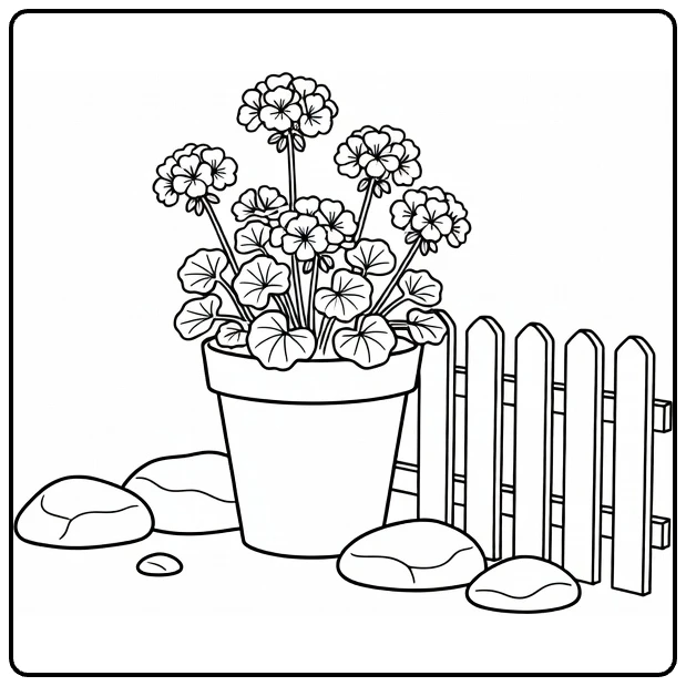 Geranium coloring page showing a planter near a wooden fence