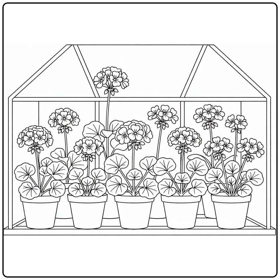 Geranium coloring page showing potted flowers on a greenhouse shelf