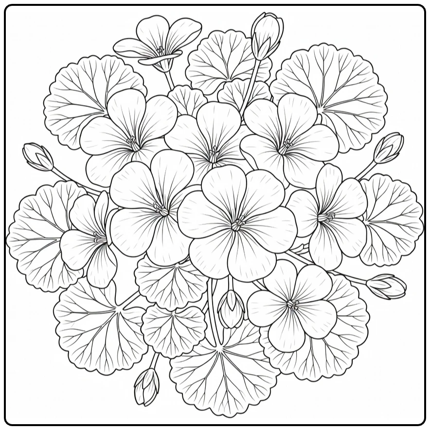 Geranium coloring page showing flower clusters with leaves and buds
