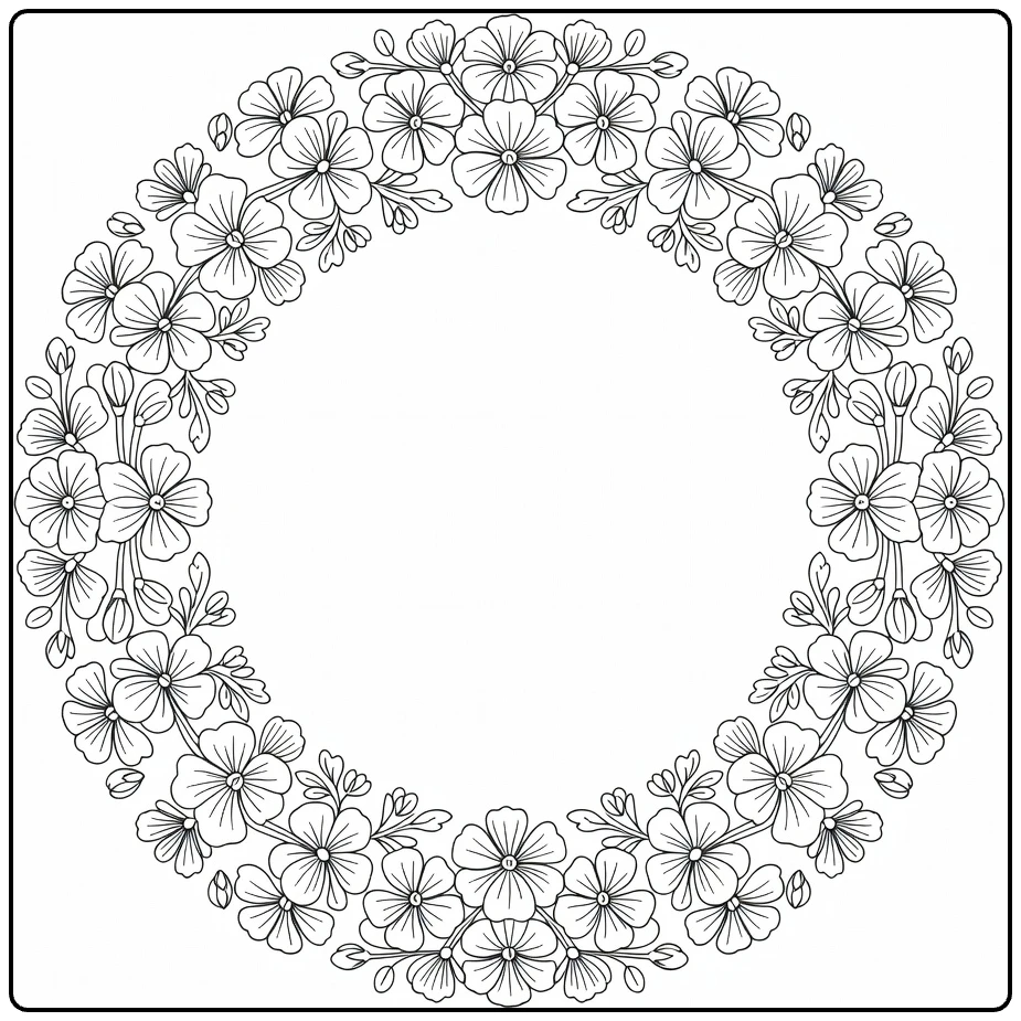 Geranium coloring page featuring a round flower wreath