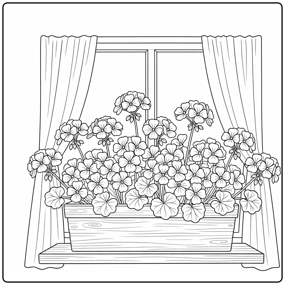 Geranium coloring page featuring a flower box on a cottage window
