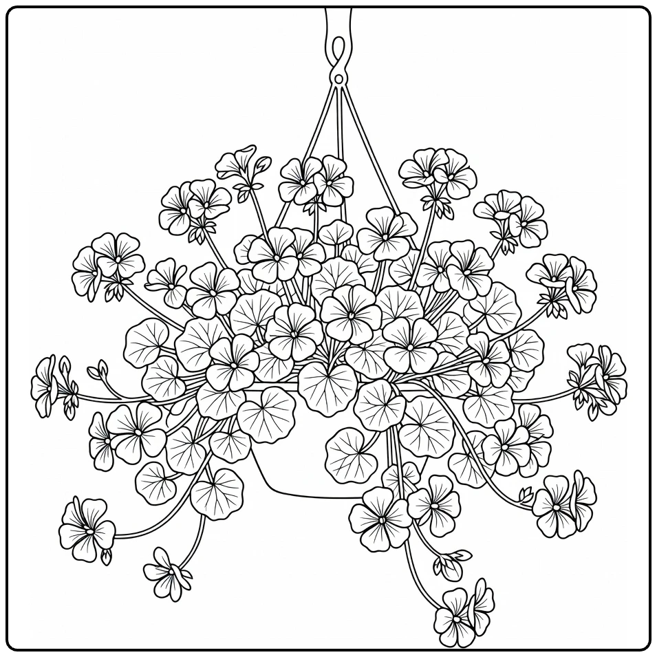 Geranium coloring page featuring a hanging basket of flowers