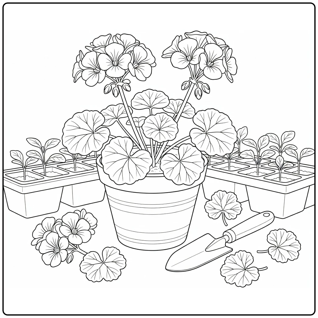 Geranium coloring page showing a potted plant with garden tools