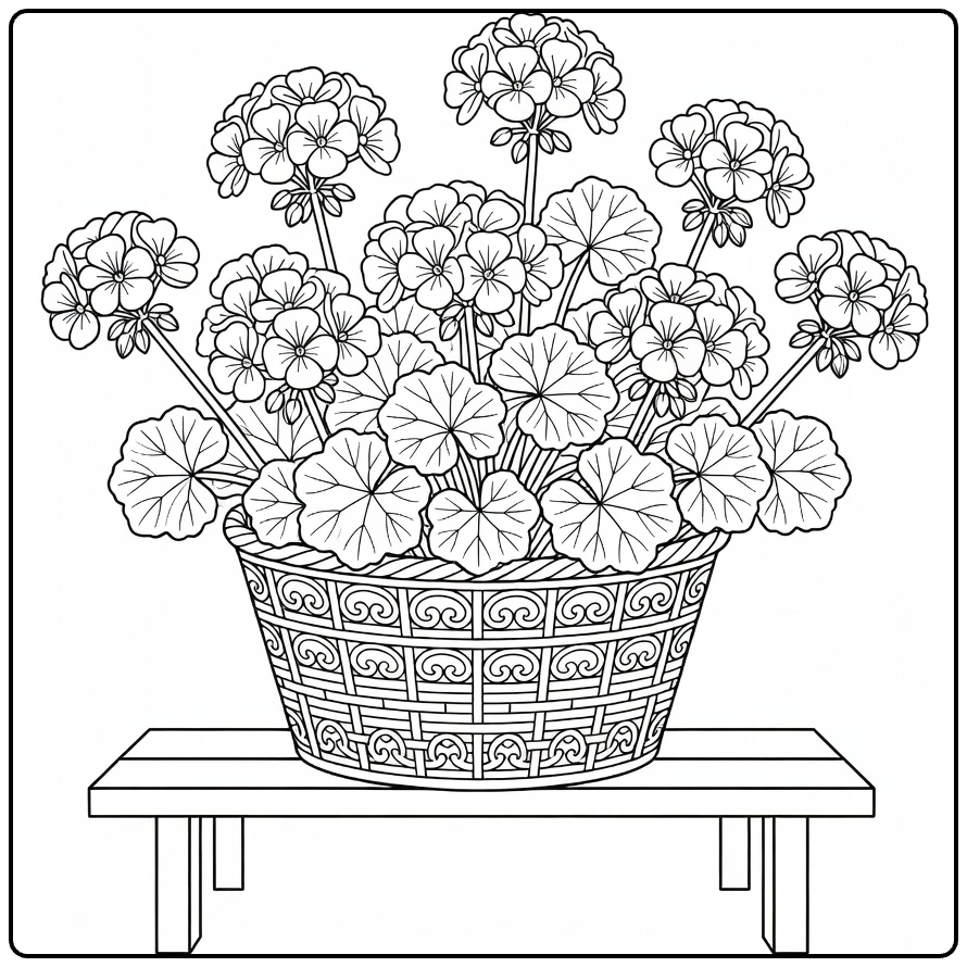 Geranium coloring page featuring a basket full of flowers on a bench