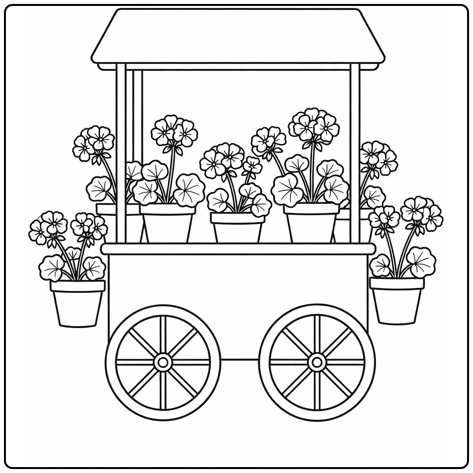 Geranium coloring page featuring a vintage flower cart with potted plants