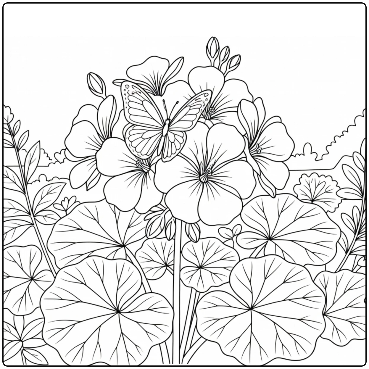 Geranium coloring page featuring a butterfly on flower clusters