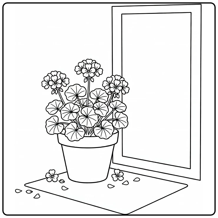 Geranium coloring page featuring a flowerpot on a front step