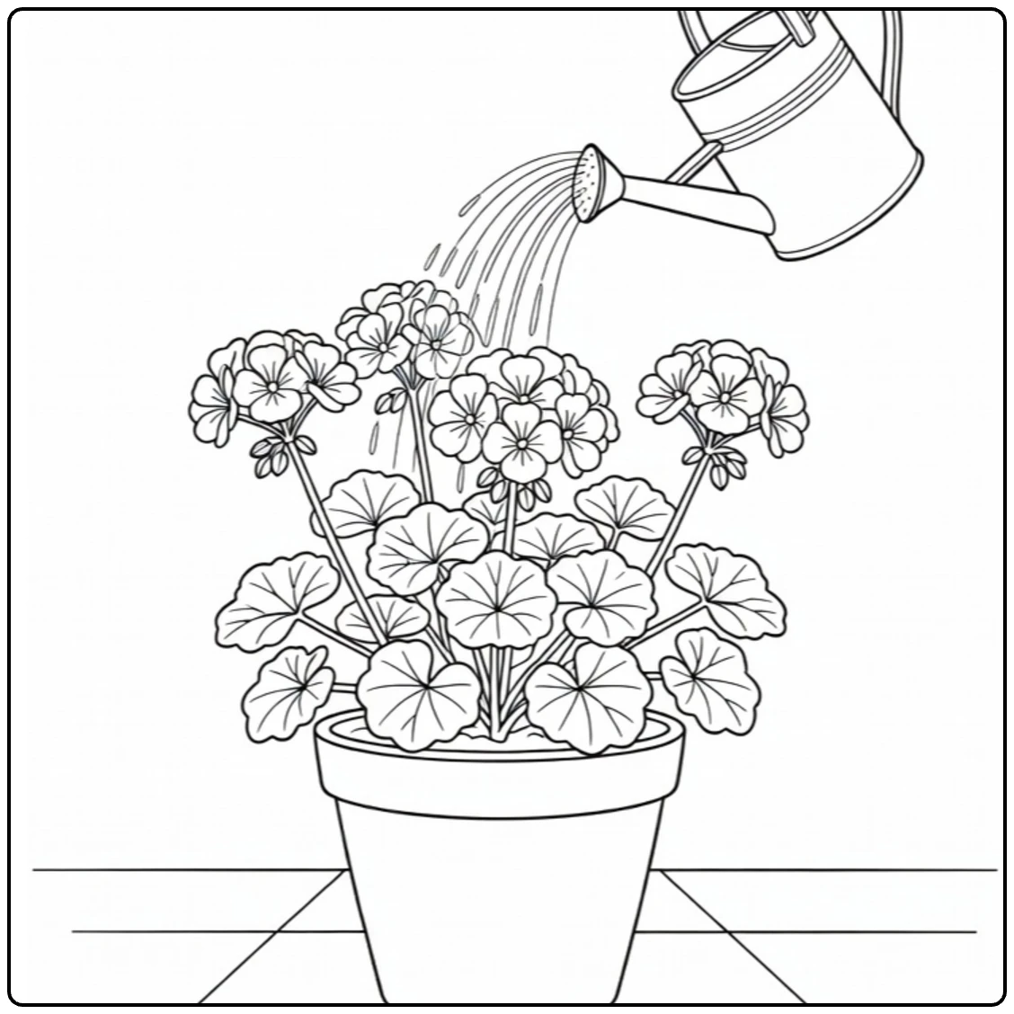 Geranium coloring page showing a watering can over a flowerpot