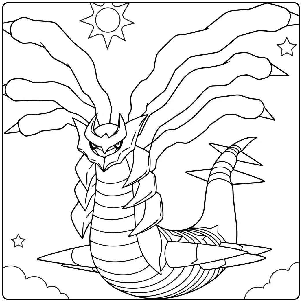 Giratina Flying with Sun Stars and Clouds coloring page