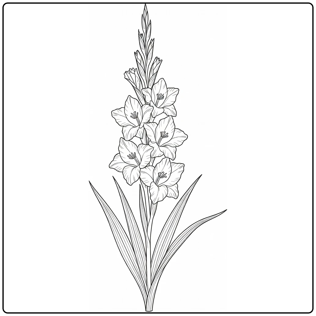 Gladiolus coloring page featuring flowers, buds, and long leaves