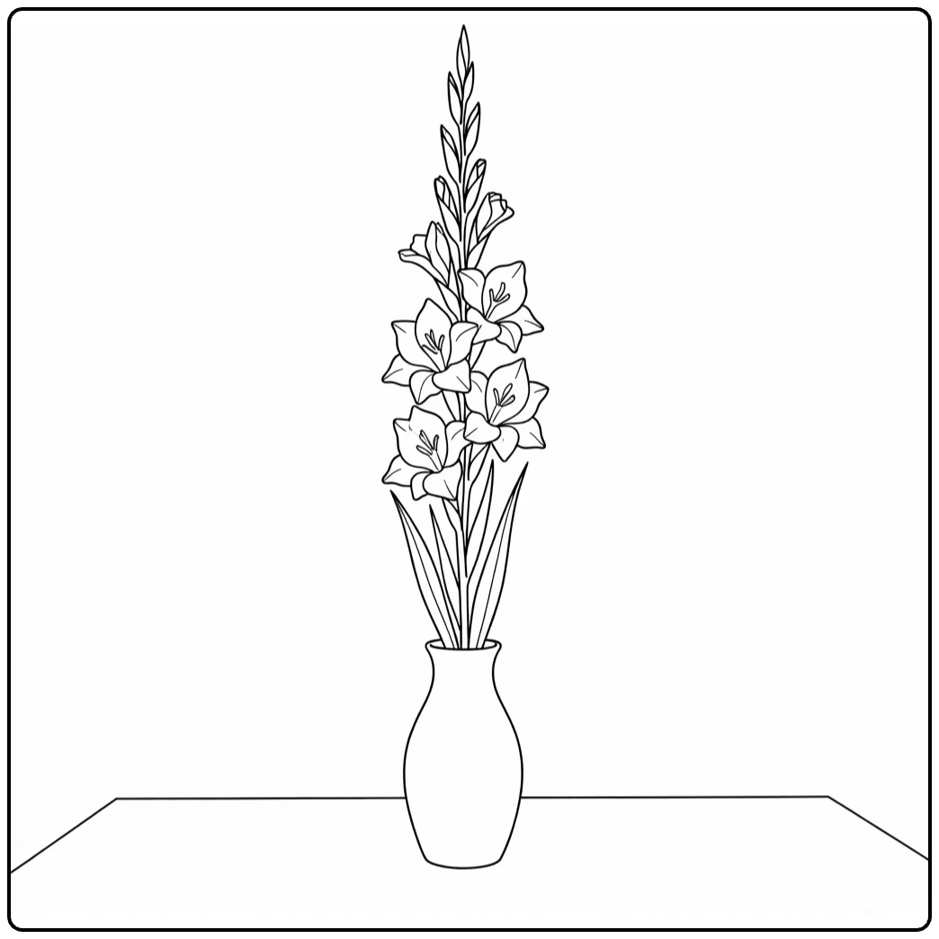 Gladiolus coloring page featuring a tall flower in a vase