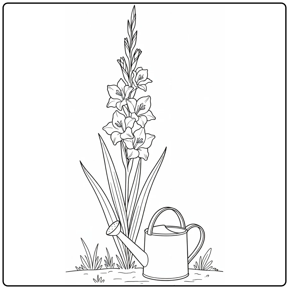 Gladiolus coloring page featuring a flower and watering can
