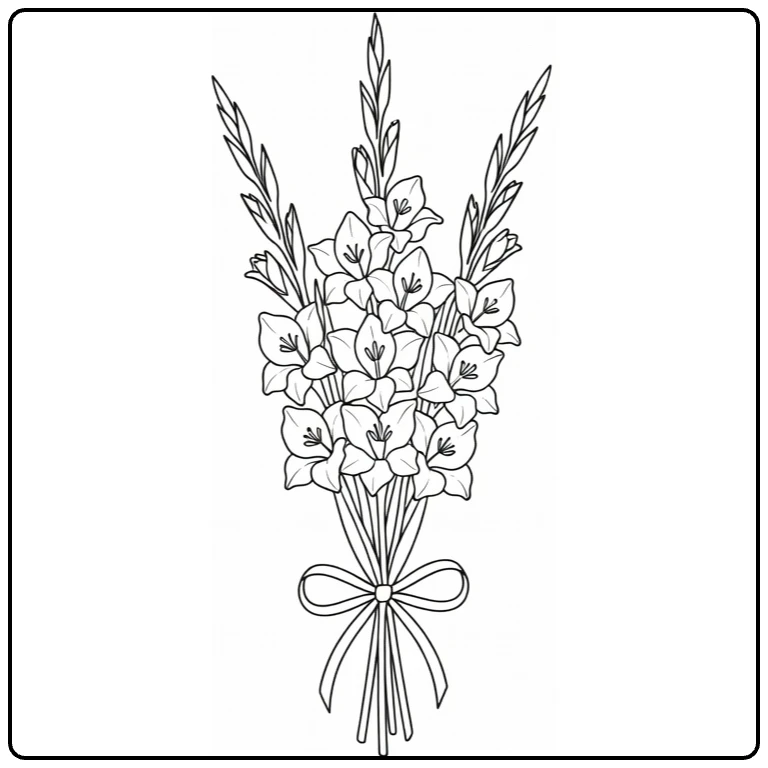 Gladiolus coloring page featuring three flower spikes in a bouquet