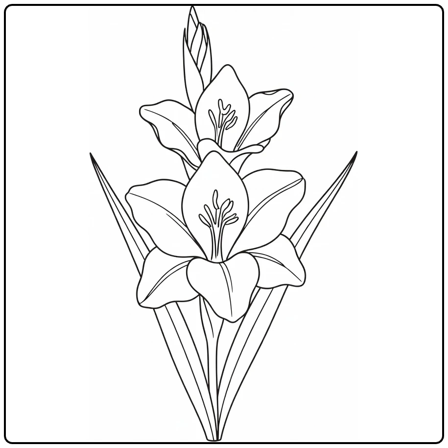 Close-up gladiolus coloring page with flower and leaves