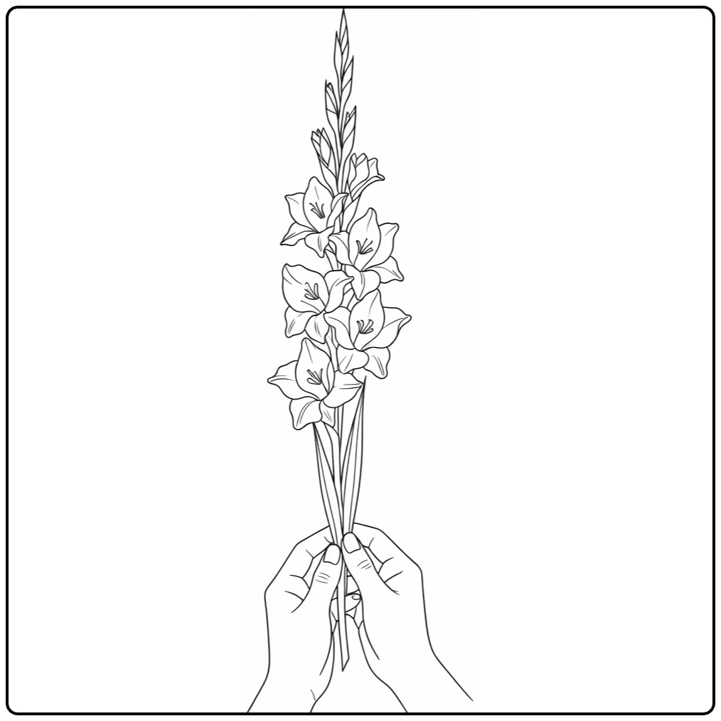 Gladiolus coloring page showing hands holding a tall flower